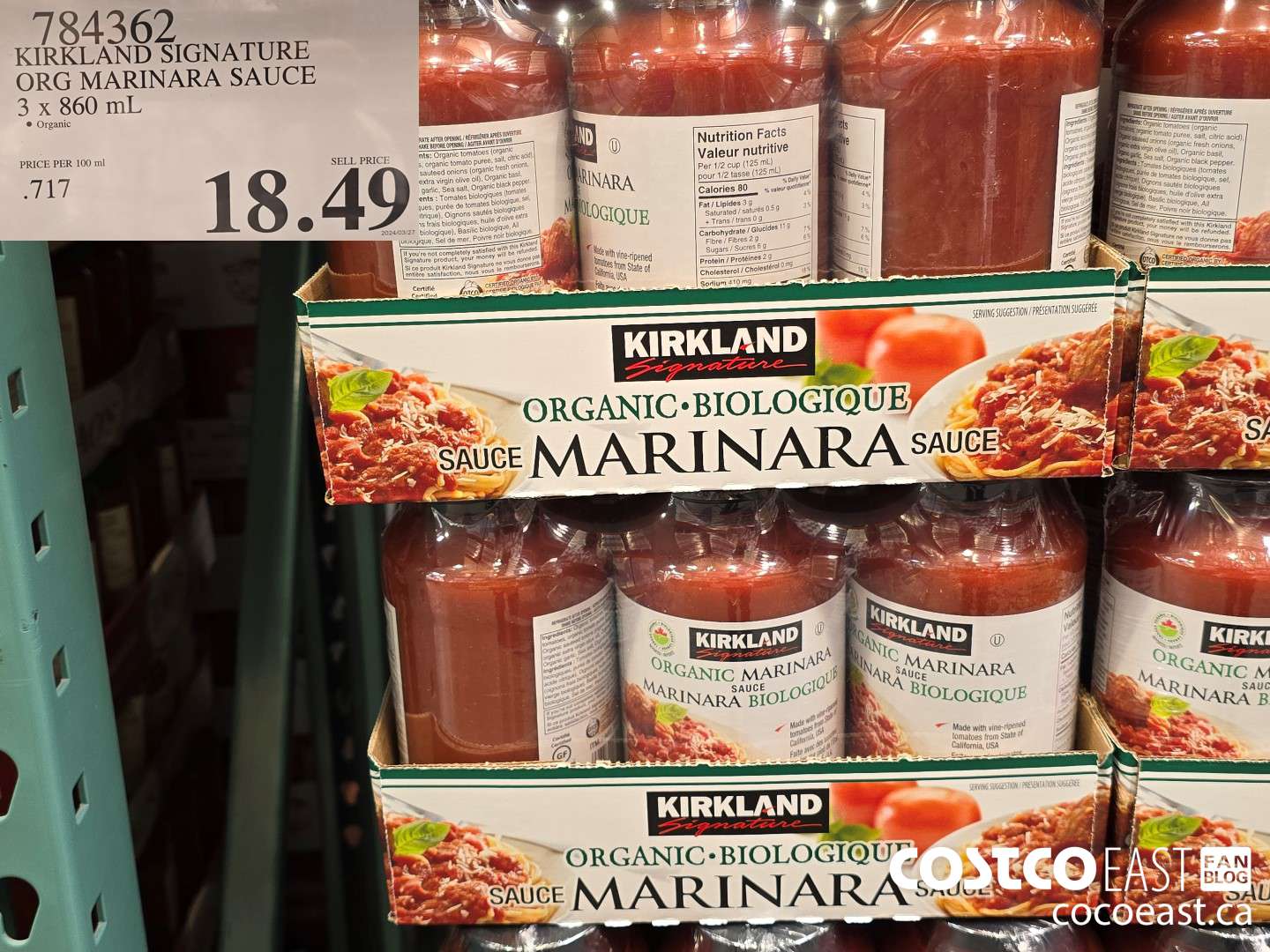 784362 KIRKLAND SIGNATURE ORG MARINARA SAUCE 3 x 860 mL $18.49