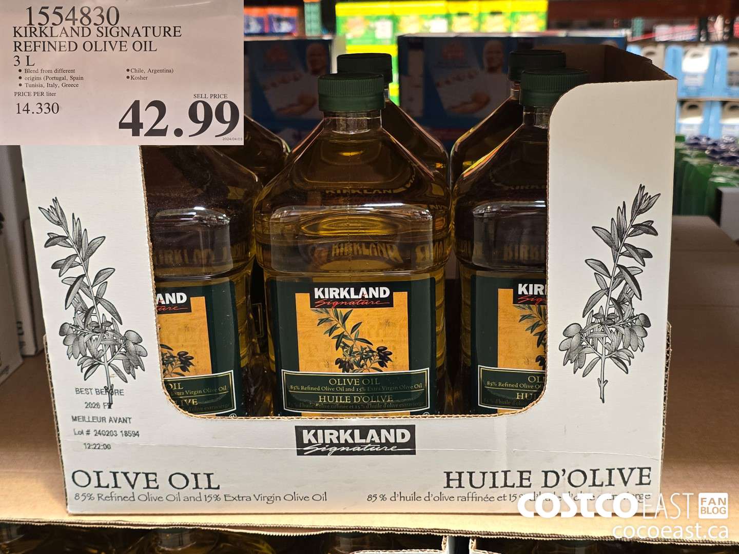 1554830 KIRKLAND SIGNATURE REFINED OLIVE OIL 3L $42.99