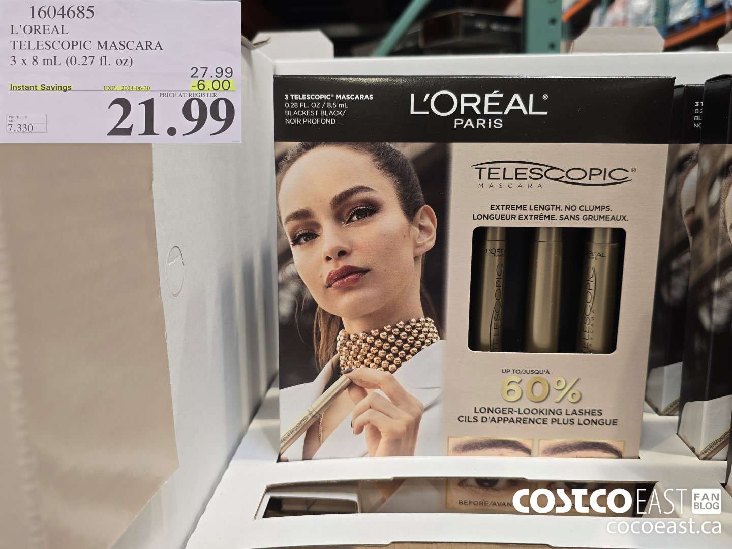 1604685 L'OREAL TELESCOPIC MASCARA 3 x 8 mL (0.27 fl. oz) ($6.00 INSTANT SAVINGS EXPIRES ON 2024-06-30) $21.99