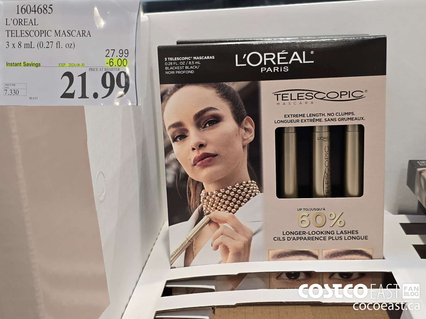 1604685 L'OREAL TELESCOPIC MASCARA 3 x 8 mL (0.27 fl. oz) ($6.00 INSTANT SAVINGS EXPIRES ON 2024-06-30) $21.99