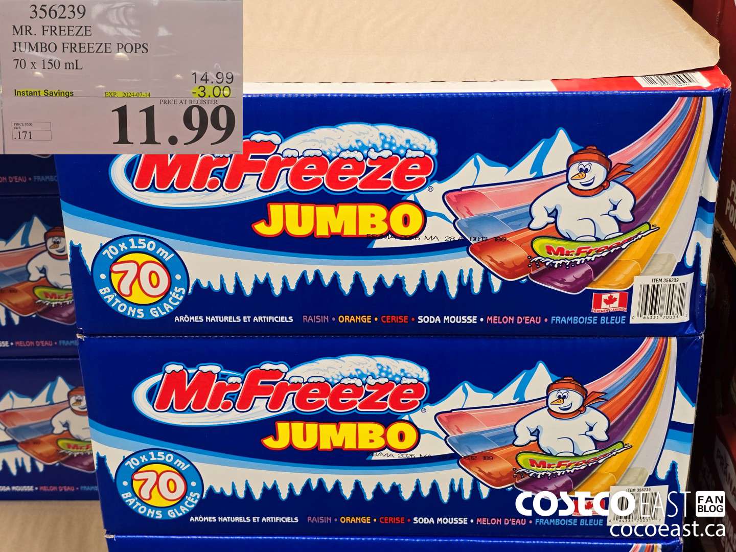 356239 MR. FREEZE JUMBO FREEZE POPS 70 X 150 ML ($3.00 INSTANT SAVINGS EXPIRES ON 2024-07-14) $11.99