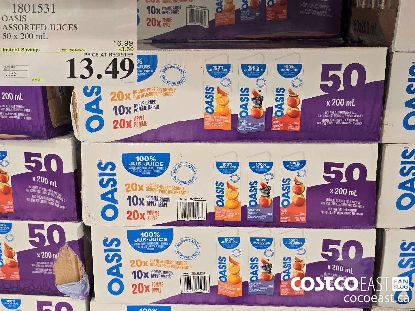 1801531 OASIS ASSORTED JUICES 50 x 200 mL ($3.50 INSTANT SAVINGS EXPIRES ON 2024-06-09) $13.49