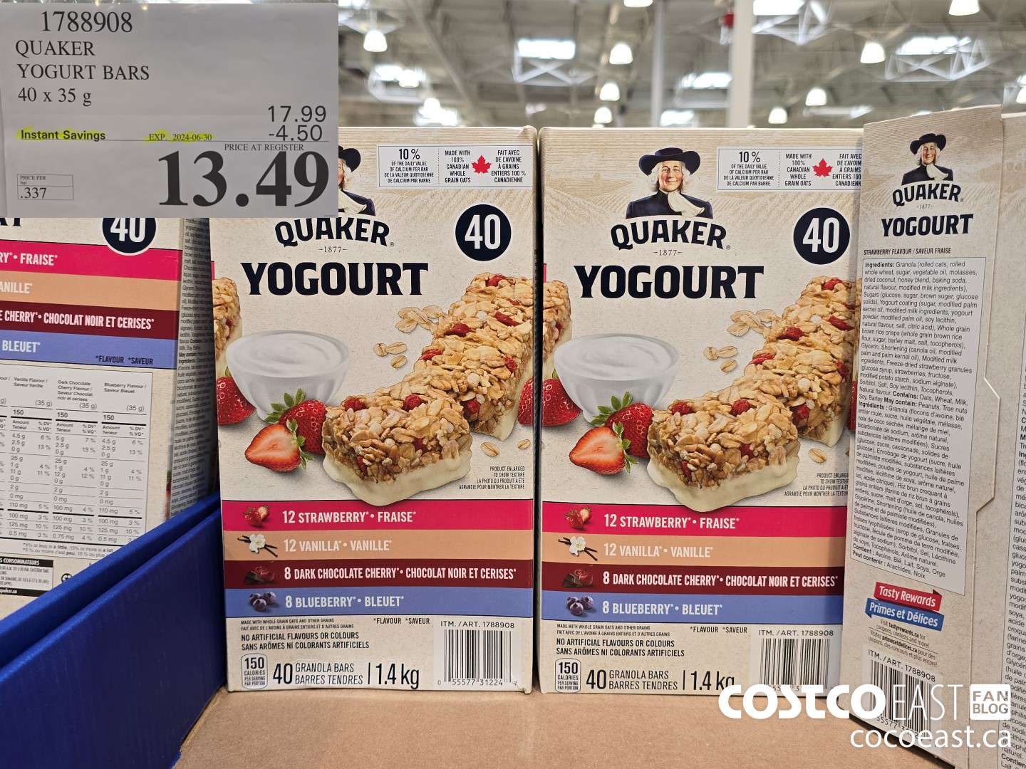 1788908 QUAKER YOGURT BARS 40 x 31g ($4.50 INSTANT SAVINGS EXPIRES ON 2024-06-30) $13.49