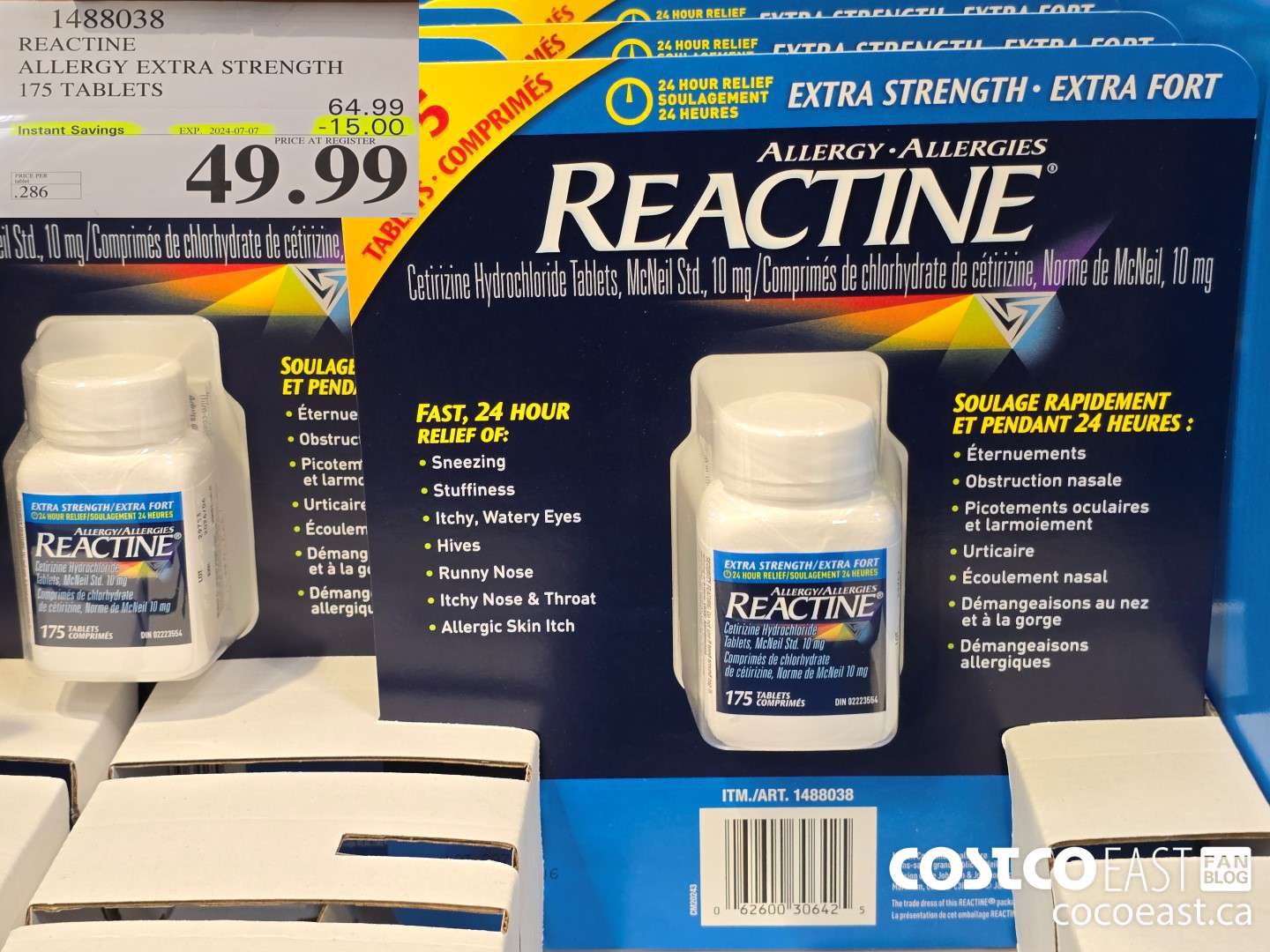 1488038 REACTINE ALLERGY EXTRA STRENGTH 175 TABLETS ($15.00 INSTANT SAVINGS EXPIRES ON 2024-07-07) $49.99