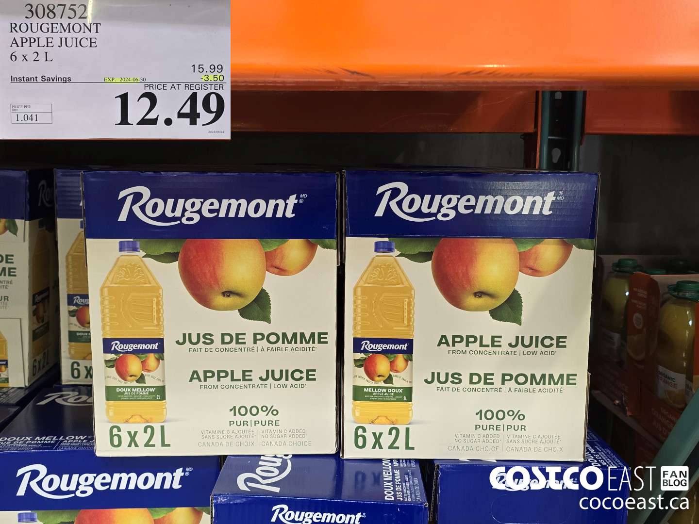 308752 ROUGEMONT APPLE JUICE 6 X 2 L ($3.50 INSTANT SAVINGS EXPIRES ON 2024-06-30) $12.49