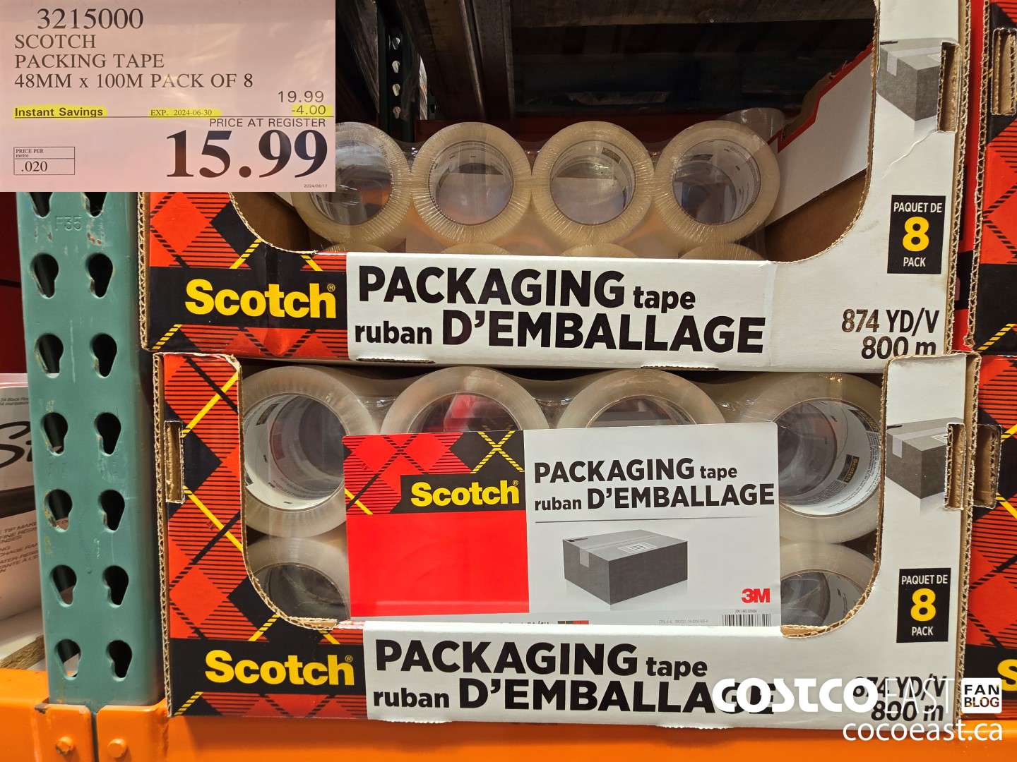 3215000 SCOTCH PACKING TAPE 48MM x 100M PACK OF 8 ($4.00 INSTANT SAVINGS EXPIRES ON 2024-06-30) $15.99