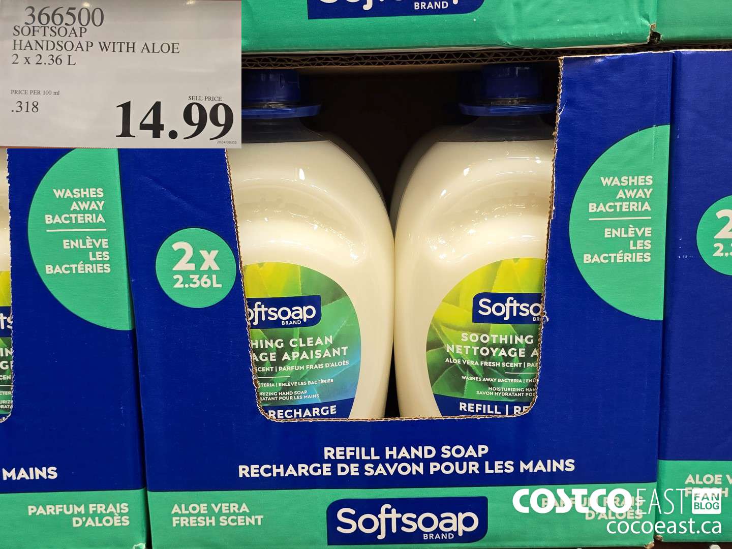 366500 SOFTSOAP HANDSOAP WITH ALOE 2 X 2.36 L $14.99