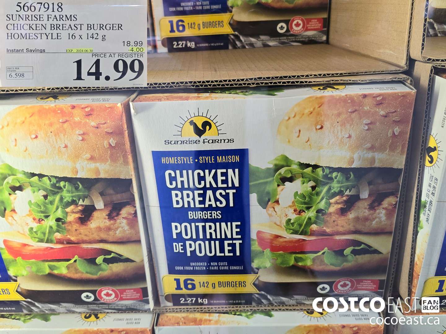 5667918 SUNRISE FARMS CHICKEN BREAST BURGER HOMESTYLE 16 X 142G ($4.00 INSTANT SAVINGS EXPIRES ON 2024-06-30) $14.99