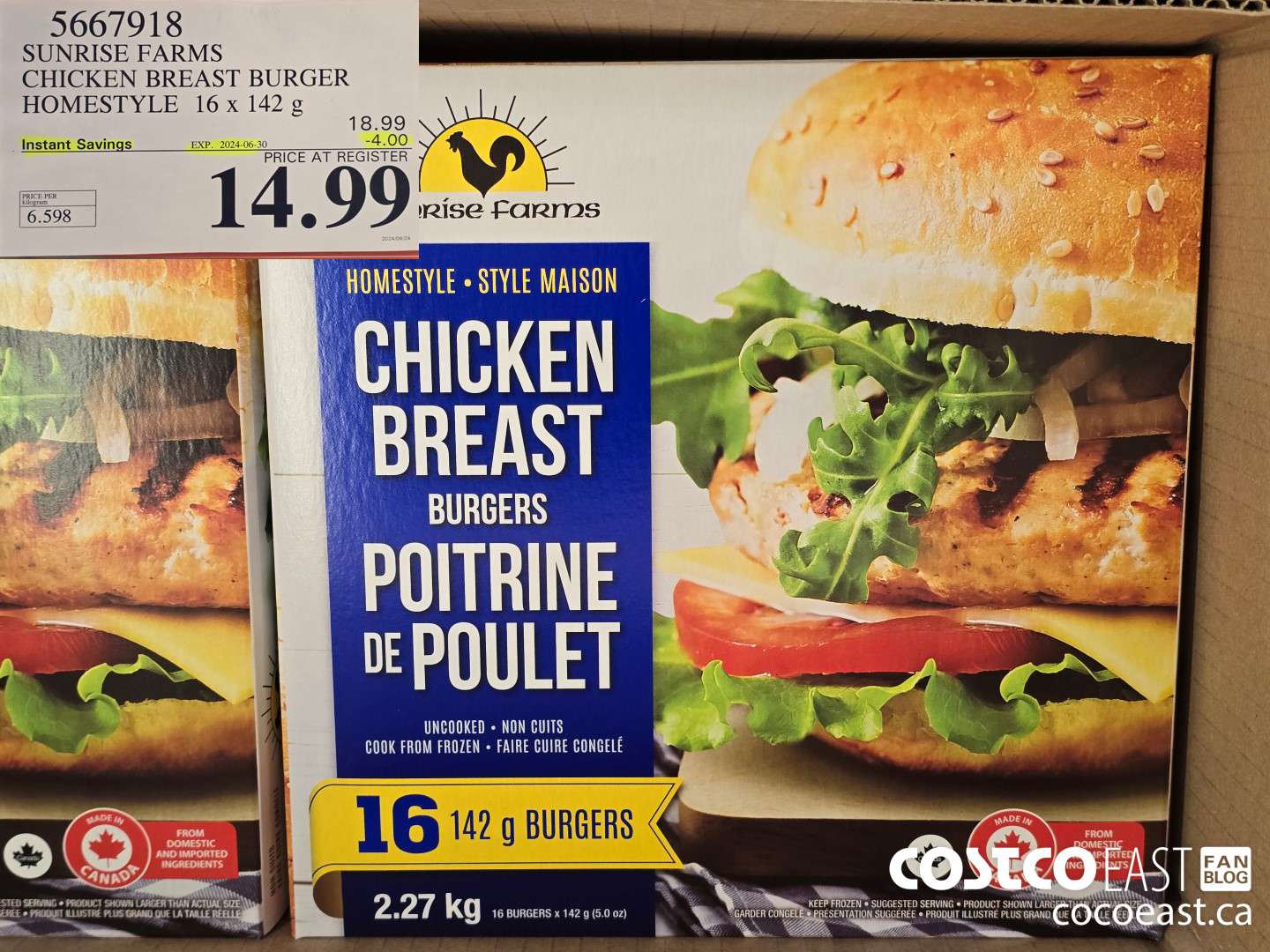 5667918 SUNRISE FARMS CHICKEN BREAST BURGER HOMESTYLE 16 X 142G ($4.00 INSTANT SAVINGS EXPIRES ON 2024-06-30) $14.99