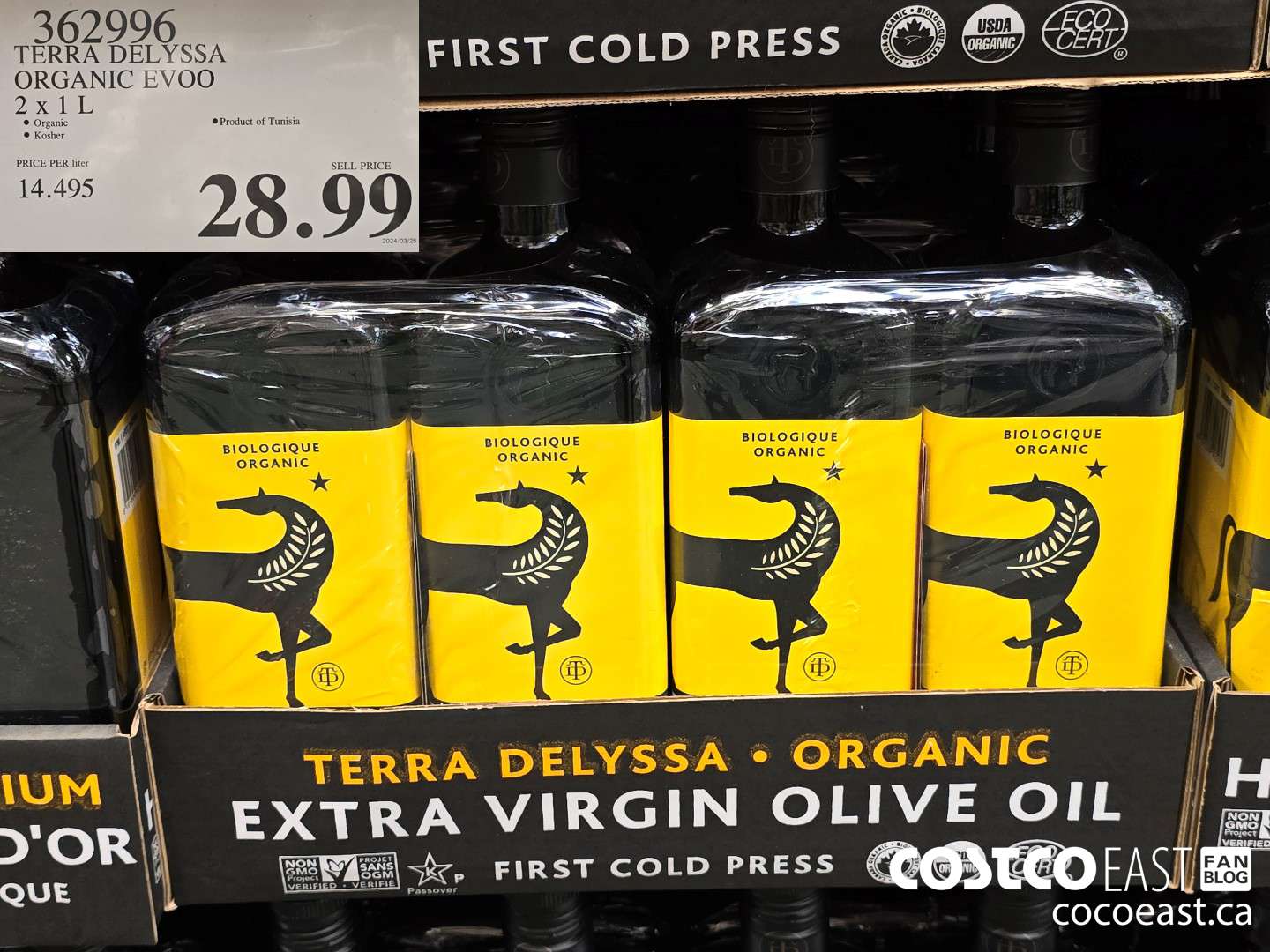 362996 TERRA DELYSSA ORGANIC EVOO 2 X 1L $28.99