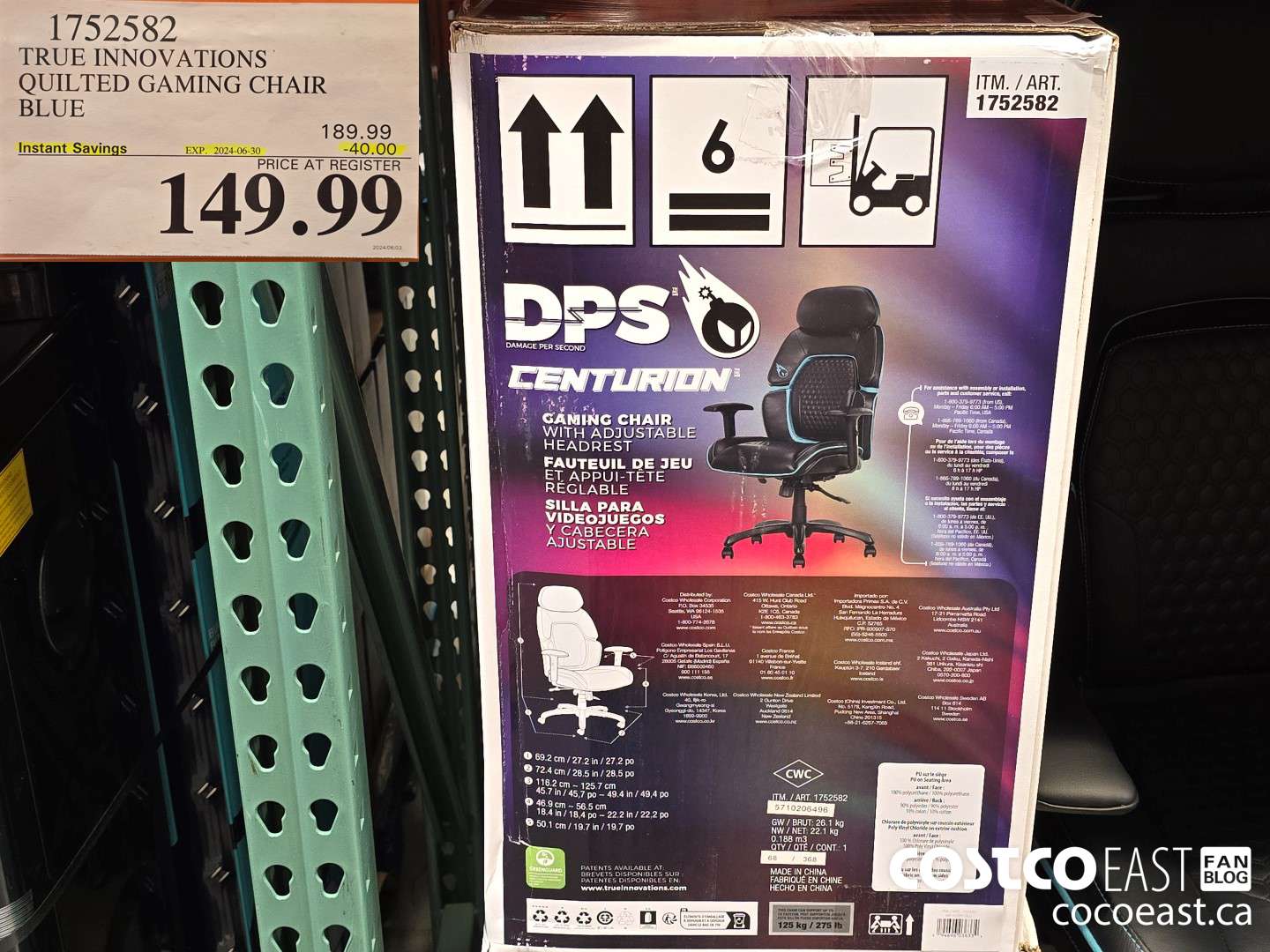 1752582 TRUE INNOVATIONS QUILTED GAMING CHAIR BLUE ($40.00 INSTANT SAVINGS EXPIRES ON 2024-06-30) $149.99