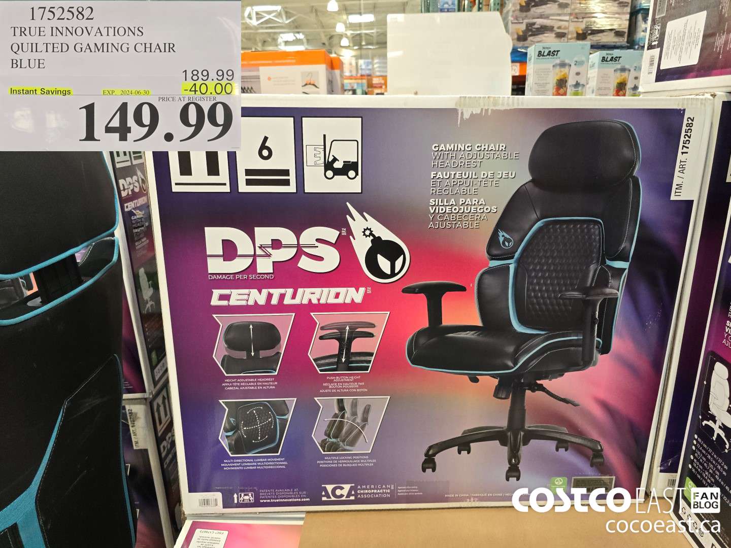 1752582 TRUE INNOVATIONS QUILTED GAMING CHAIR BLUE ($40.00 INSTANT SAVINGS EXPIRES ON 2024-06-30) $149.99