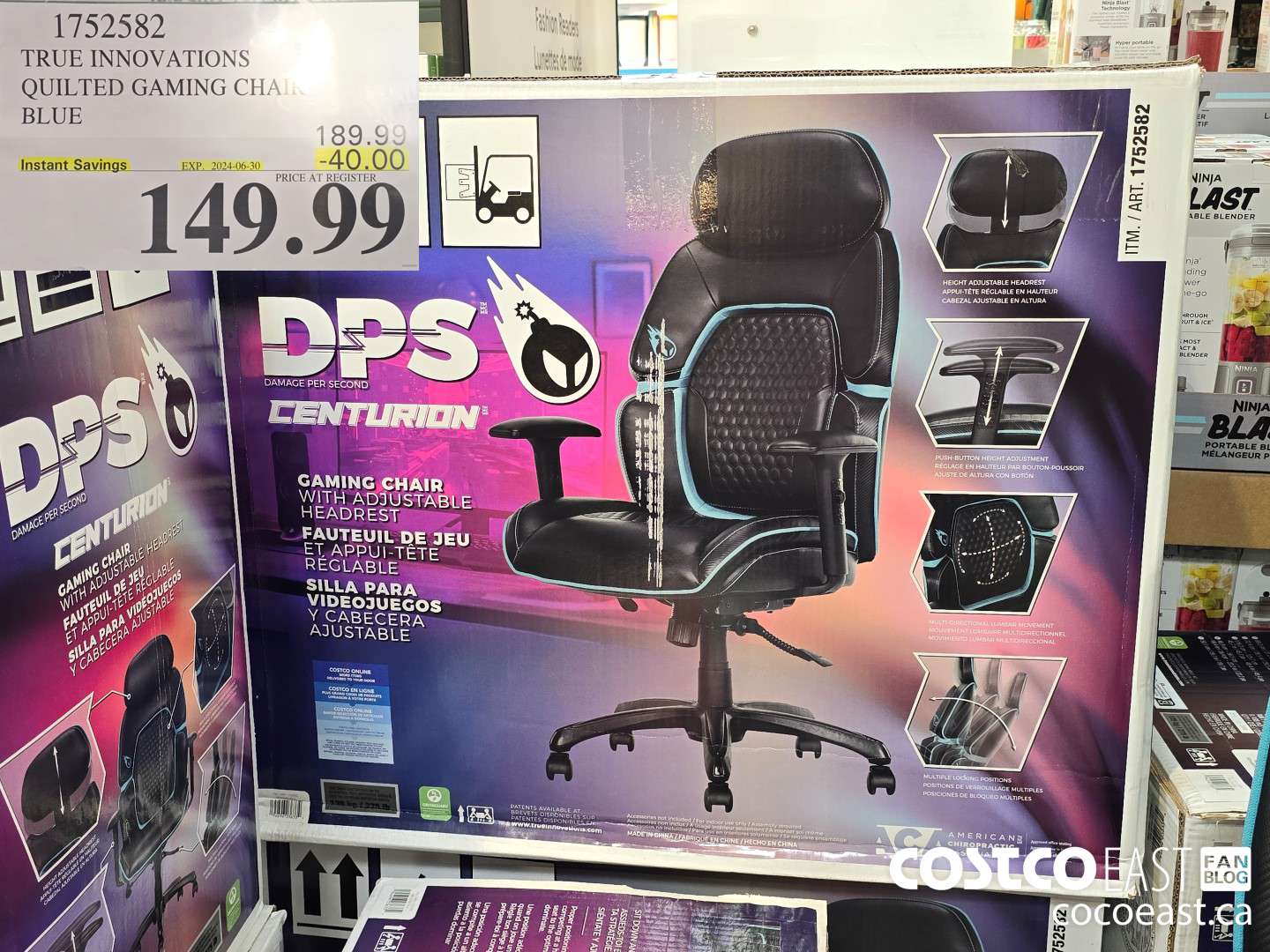 1752582 TRUE INNOVATIONS QUILTED GAMING CHAIR BLUE ($40.00 INSTANT SAVINGS EXPIRES ON 2024-06-30) $149.99