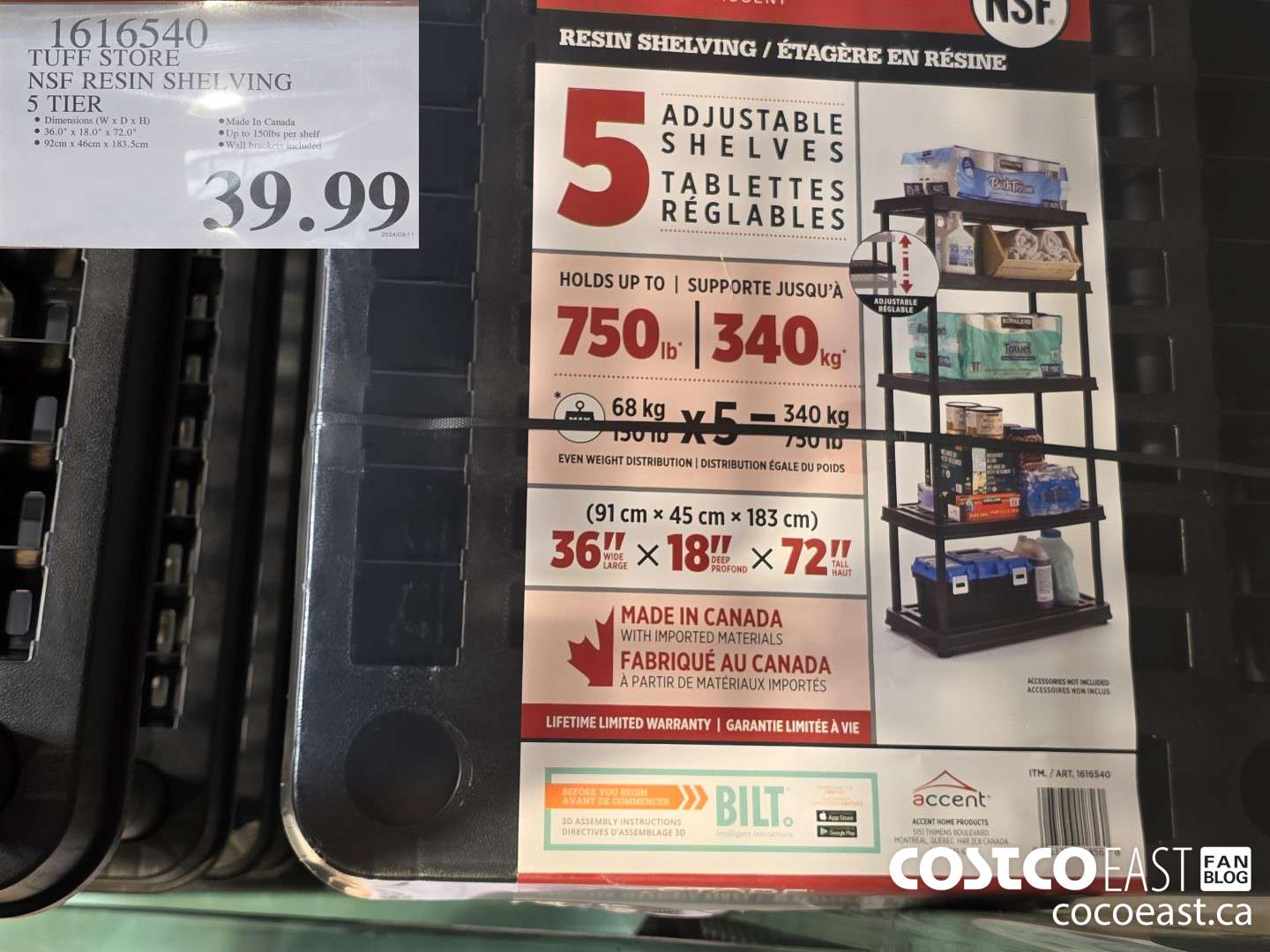 1616540 TUFF STORE NSF RESIN SHELVING 5 TIER $39.99