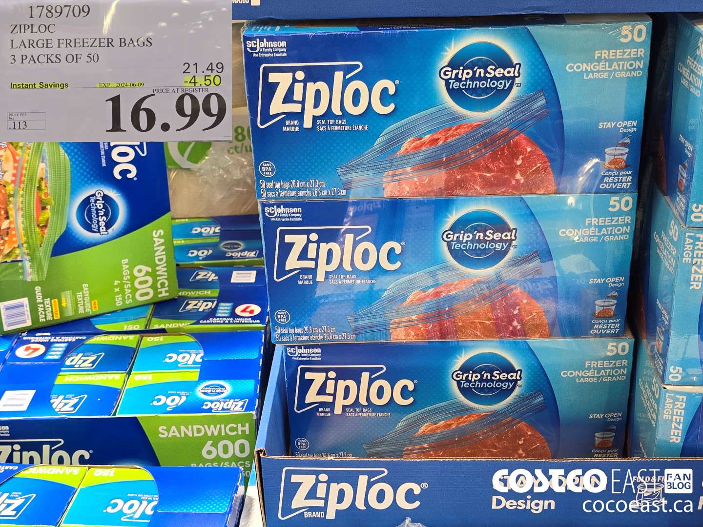 1789709 ZIPLOC LARGE FREEZER BAGS 3 PACKS OF 50 ($4.50 INSTANT SAVINGS EXPIRES ON 2024-06-09) $16.99