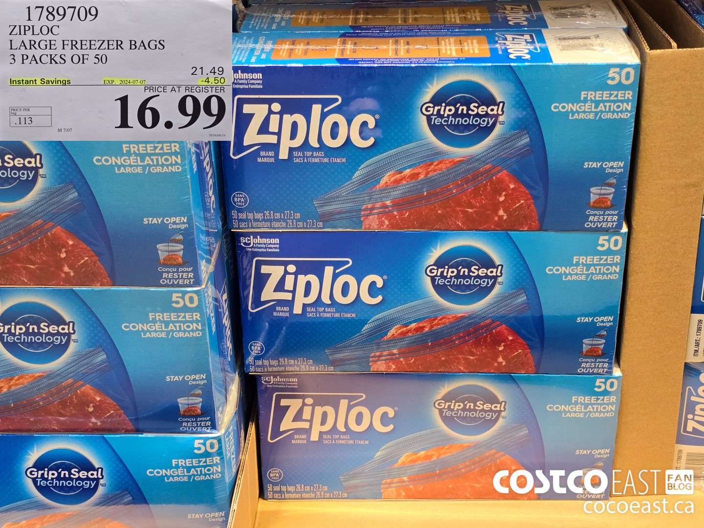 1789709 ZIPLOC LARGE FREEZER BAGS 3 PACKS OF 50 ($4.50 INSTANT SAVINGS EXPIRES ON 2024-07-07) $16.99