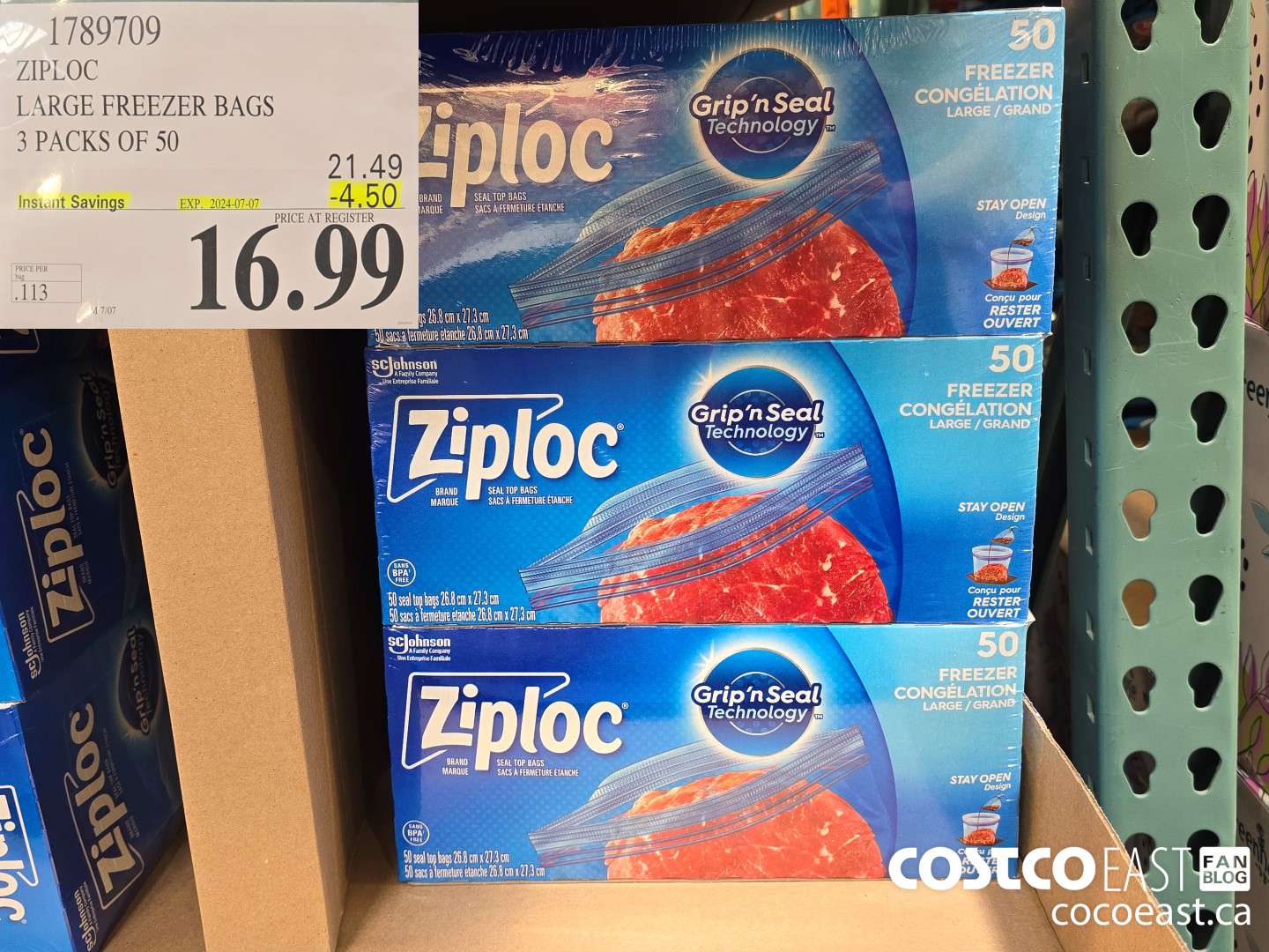 1789709 ZIPLOC LARGE FREEZER BAGS 3 PACKS OF 50 ($4.50 INSTANT SAVINGS EXPIRES ON 2024-07-07) $16.99