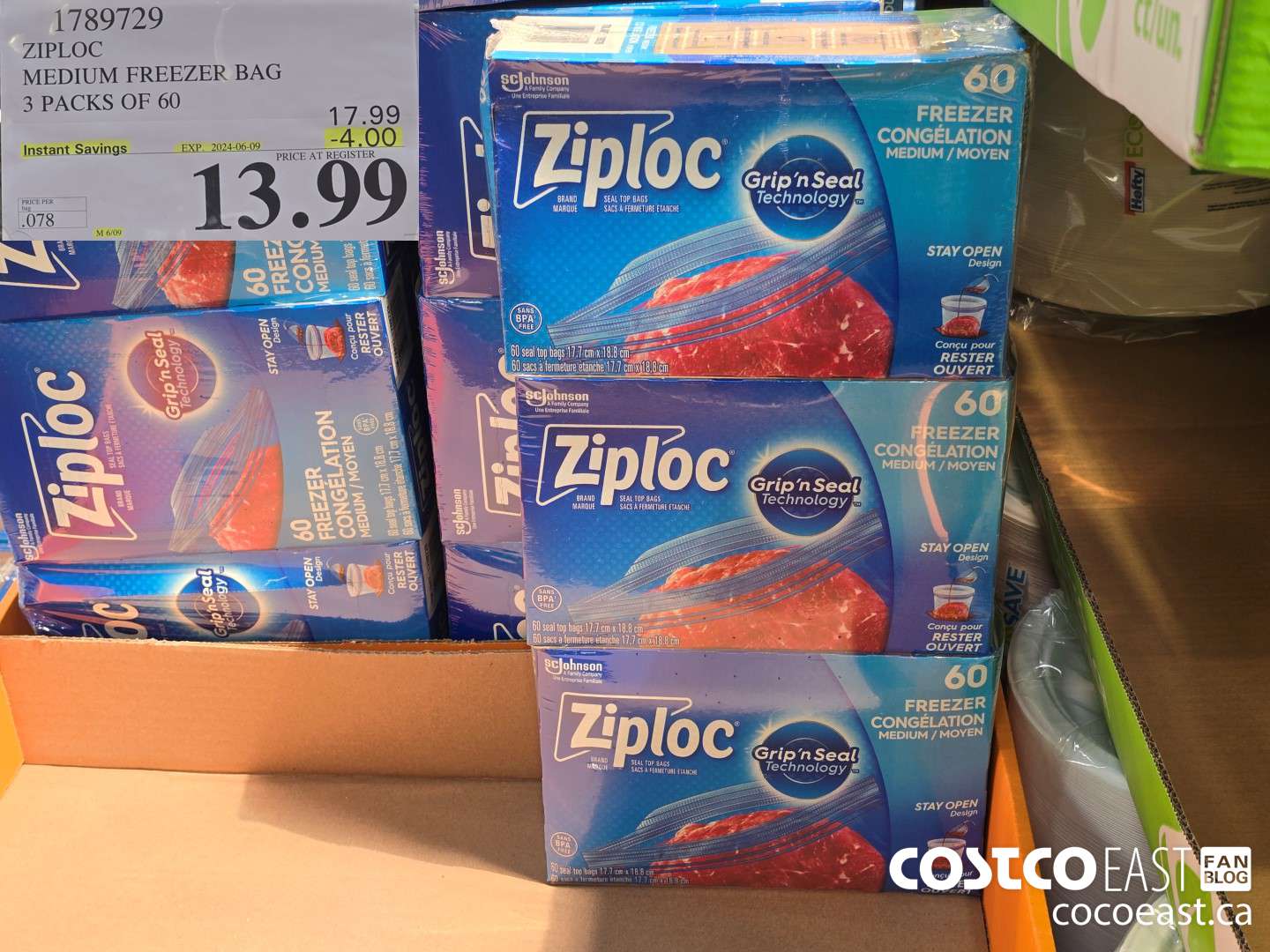 1789729 ZIPLOC MEDIUM FREEZER BAG 3 PACKS OF 60 ($4.00 INSTANT SAVINGS EXPIRES ON 2024-06-09) $13.99