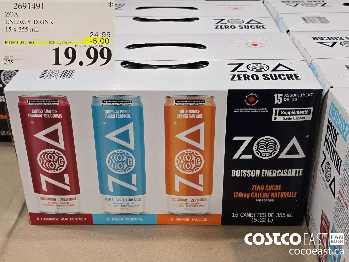 2691491 ZOA ENERGY DRINK 15 x 335 ML ($5.00 INSTANT SAVINGS EXPIRES ON 2024-06-09) $19.99