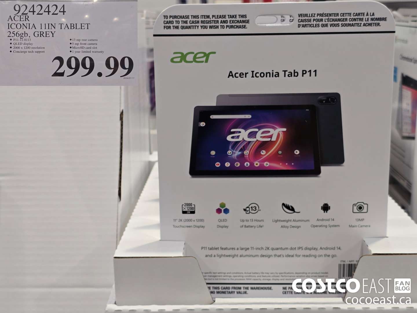 9242424 ACER ICONIA 11IN TABLET 256GB, GREY $299.99