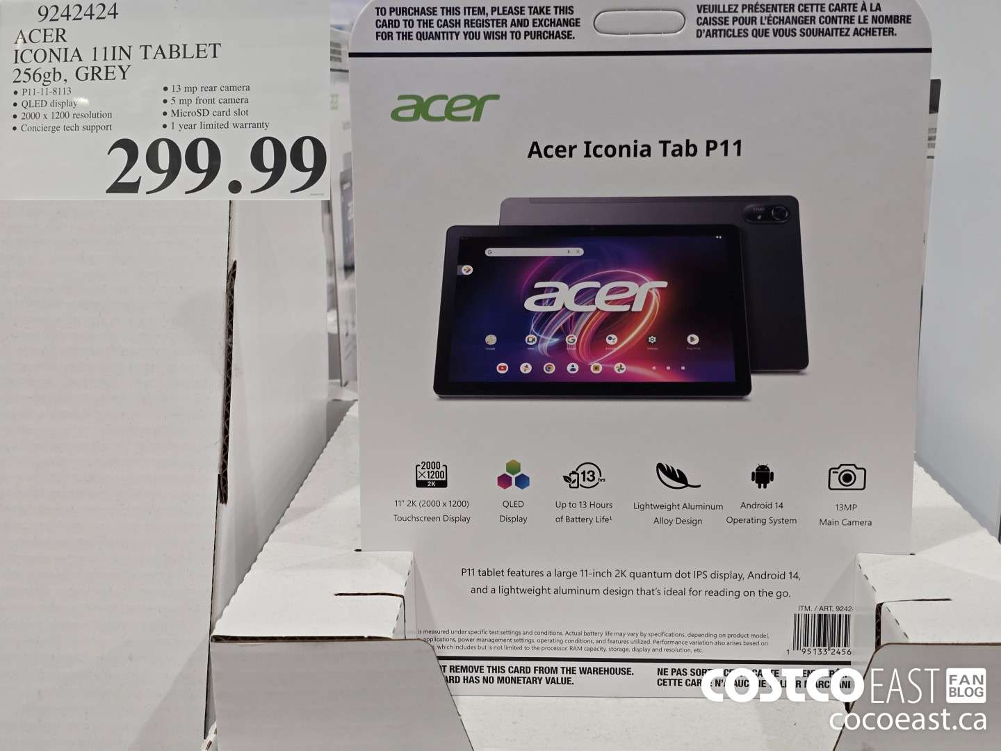 9242424 ACER ICONIA 11IN TABLET 256GB, GREY $299.99