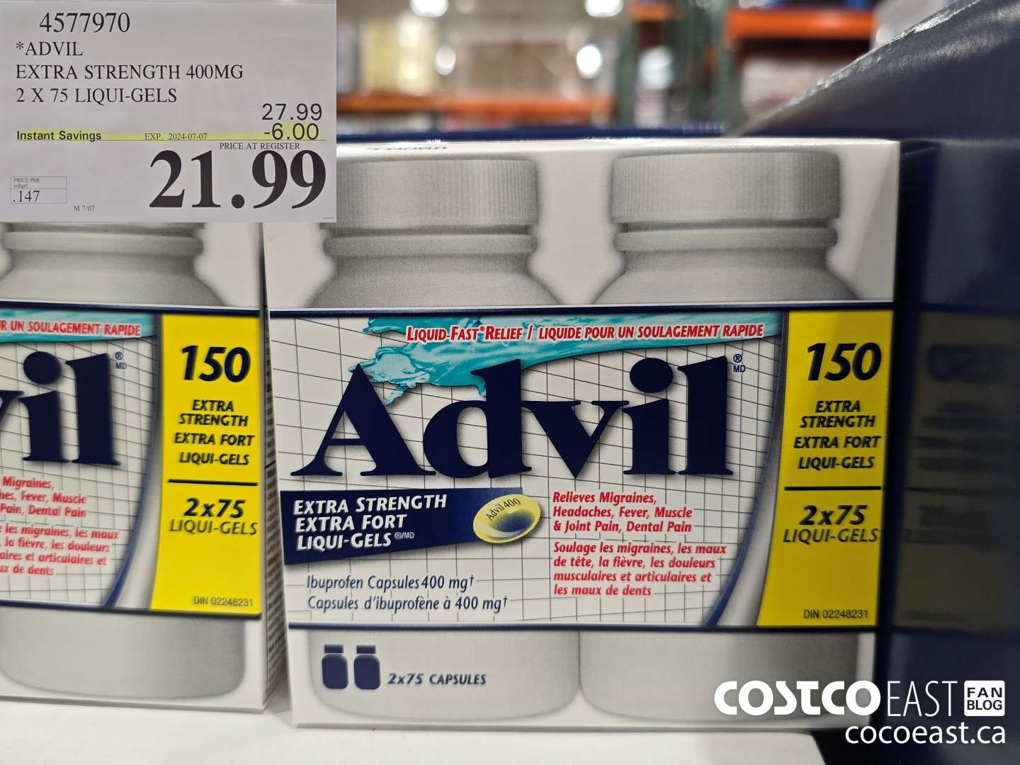 4577970 ADVIL EXTRA STRENGTH 400 MG 2 X 75 LIQUI-GELS ($6.00 INSTANT SAVINGS EXPIRES ON 2024-07-07) $21.99