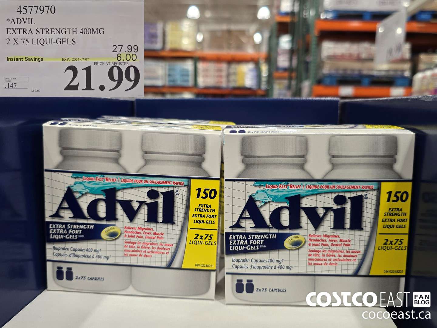 4577970 ADVIL EXTRA STRENGTH 400 MG 2 X 75 LIQUI-GELS ($6.00 INSTANT SAVINGS EXPIRES ON 2024-07-07) $21.99