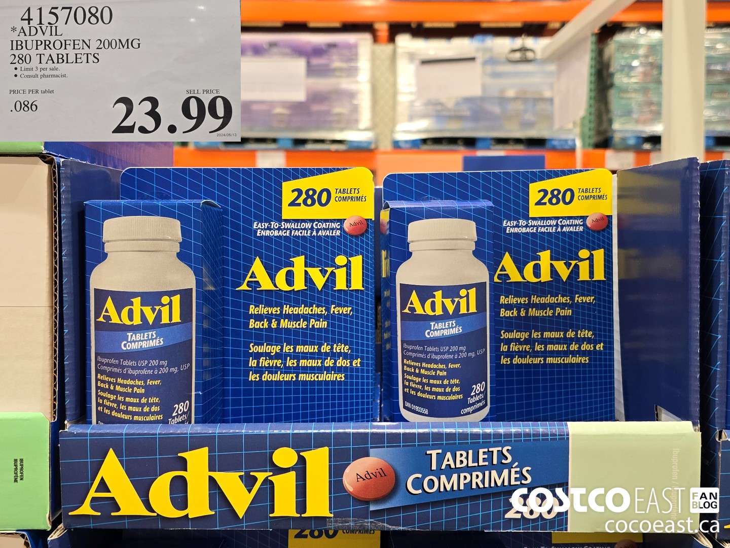 4157080 ADVIL IBUPROFEN 200MG 280 TABLETS $23.99