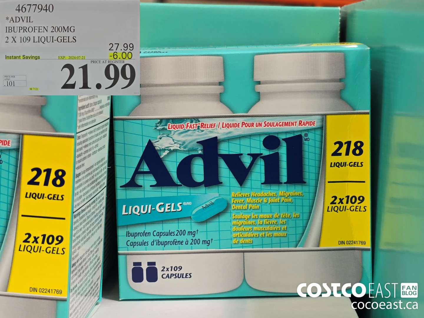 4677940 ADVIL IBUPROFEN 200MG 2 X 109 LIQUI-GELS ($6.00 INSTANT SAVINGS EXPIRES ON 2024-07-21) $21.99