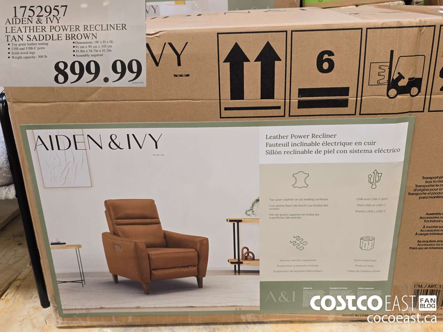 1752957 AIDEN & IVY LEATHER POWER RECLINER TAN SADDLE BROWN $899.99