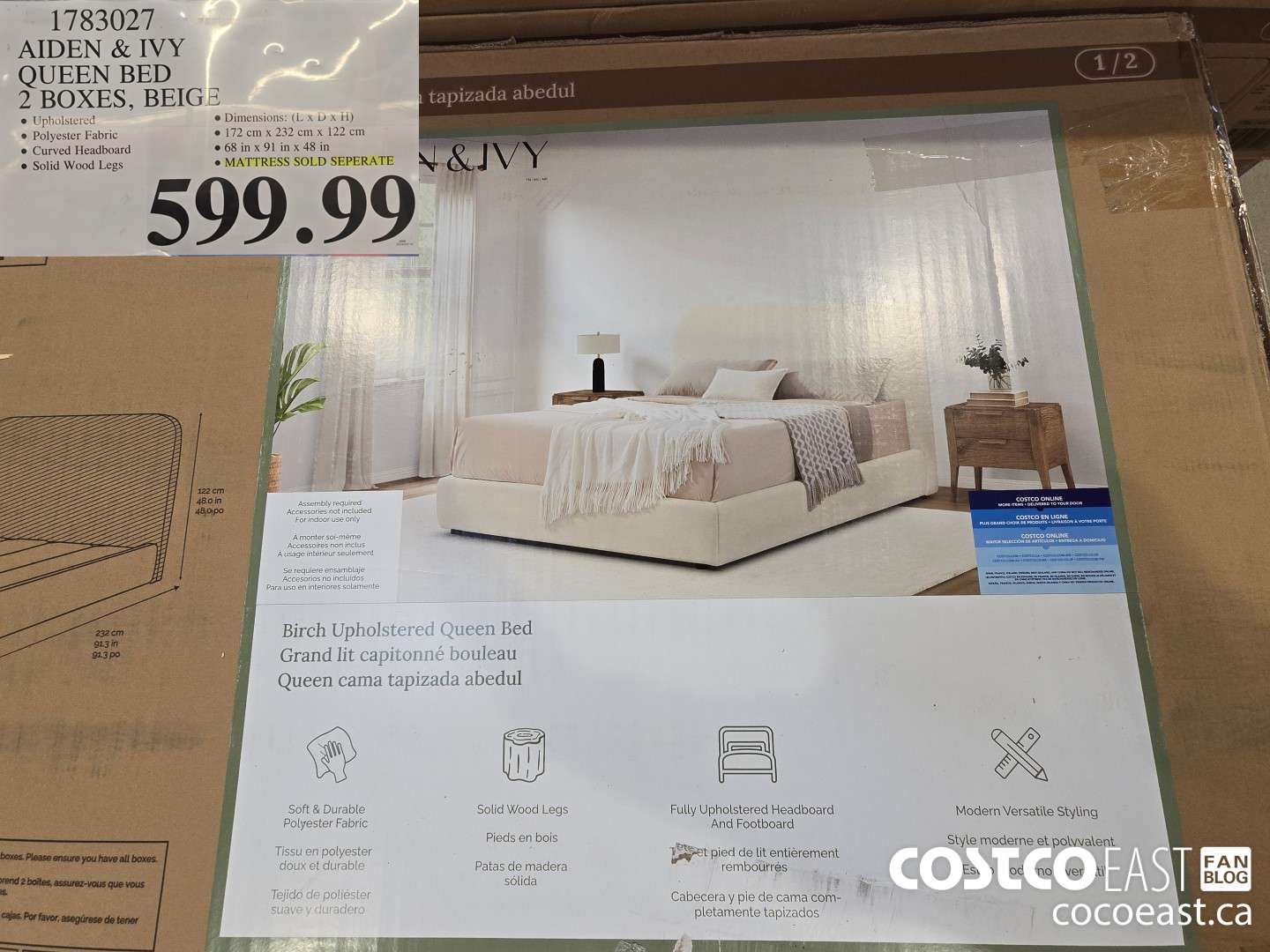 1783027 AIDEN & IVY QUEEN BED 2 BOXES, BEIGE $599.99