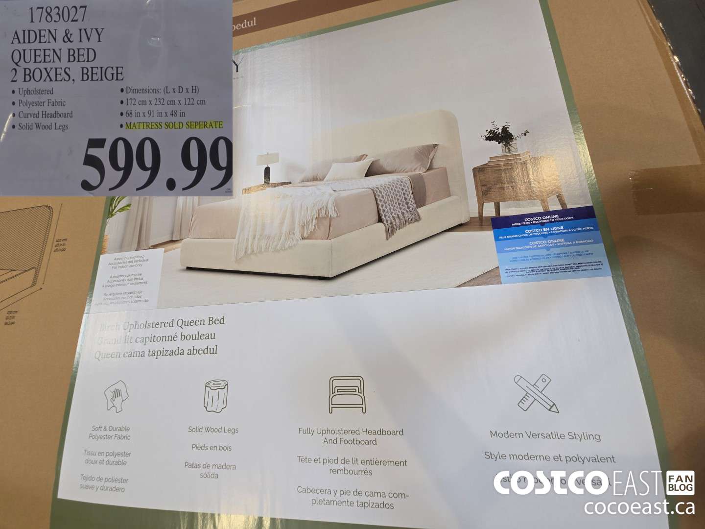 1783027 AIDEN & IVY QUEEN BED 2 BOXES, BEIGE $599.99