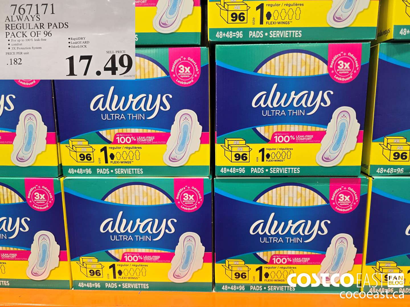 767171 ALWAYS REGULAR PADS PACK OF 96 $17.49