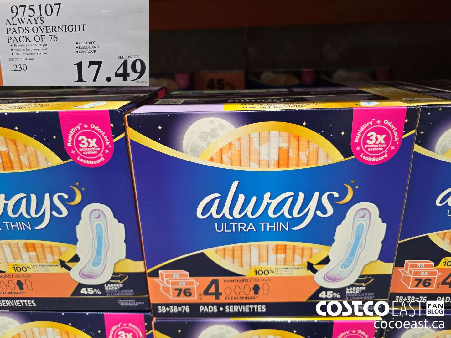 975107 ALWAYS ULTRA THIN PADS OVERNIGHT PACK OF 76 $17.49