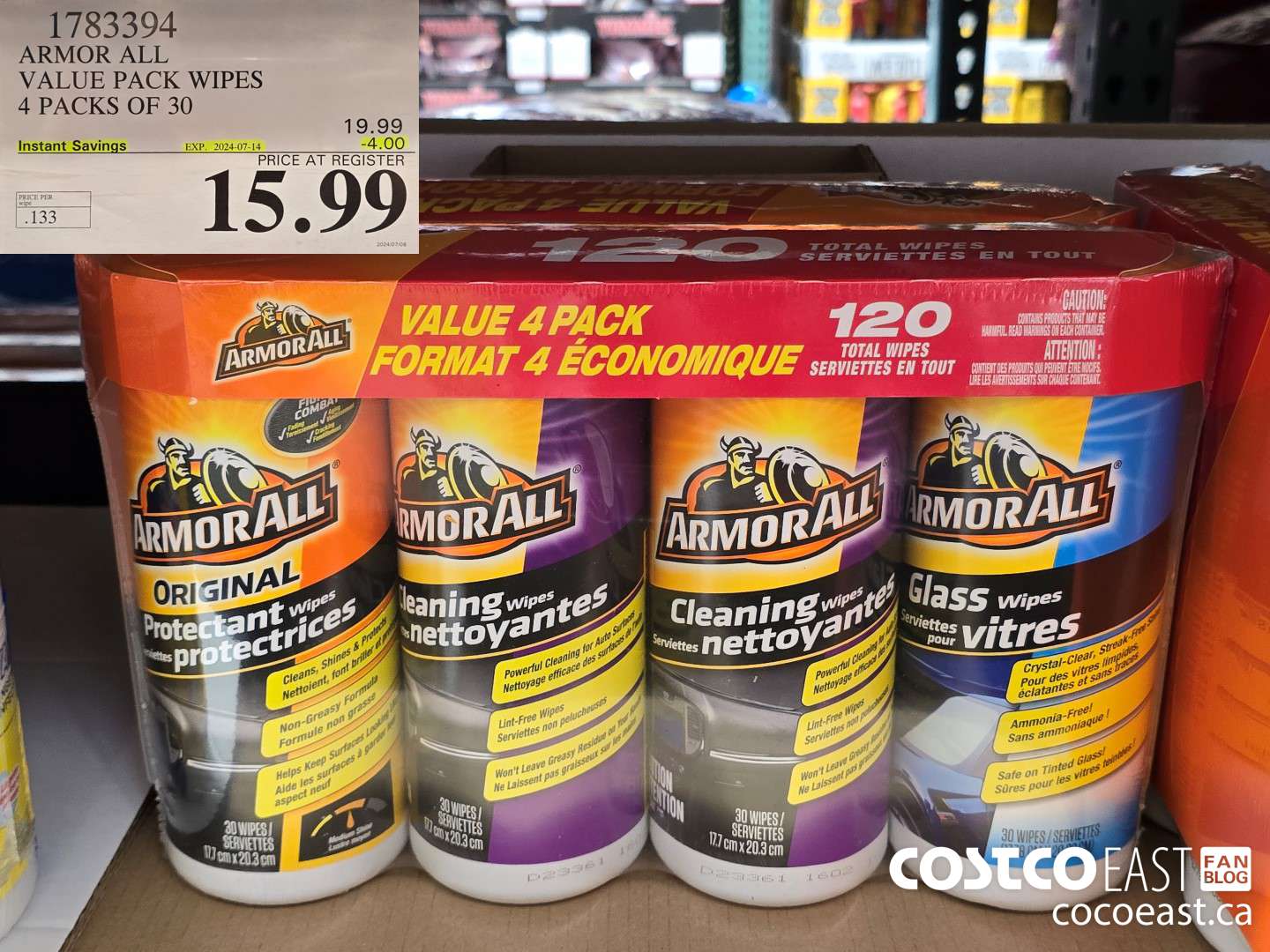 1783394 ARMOR ALL VALUE PACK WIPES 4 PACKS OF 30 ($4.00 INSTANT SAVINGS EXPIRES ON 2024-07-14) $15.99