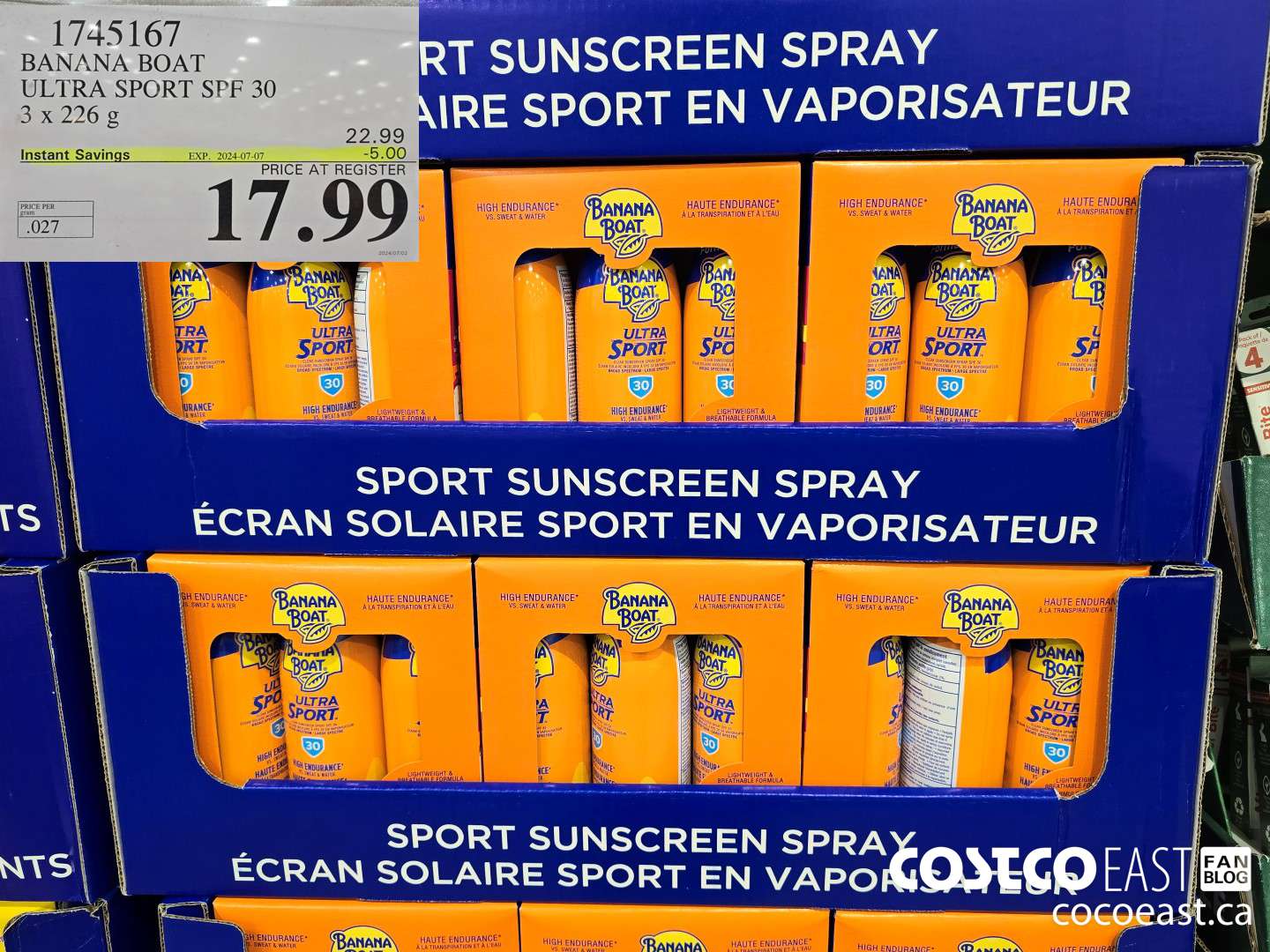 1745167 BANANA BOAT ULTRA SPORT SPF 30 3 X 226 G ($5.00 INSTANT SAVINGS EXPIRES ON 2024-07-07) $17.99