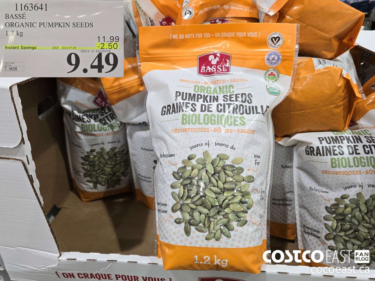 1163641 BASSE ORGANIC PUMPKIN SEEDS 1.2 KG ($2.50 INSTANT SAVINGS EXPIRES ON 2024-07-09) $9.49