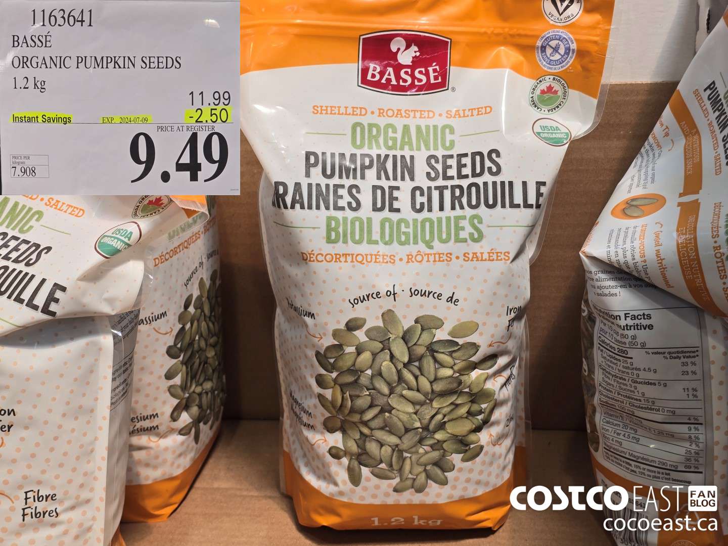 1163641 BASSE ORGANIC PUMPKIN SEEDS 1.2 KG ($2.50 INSTANT SAVINGS EXPIRES ON 2024-07-09) $9.49