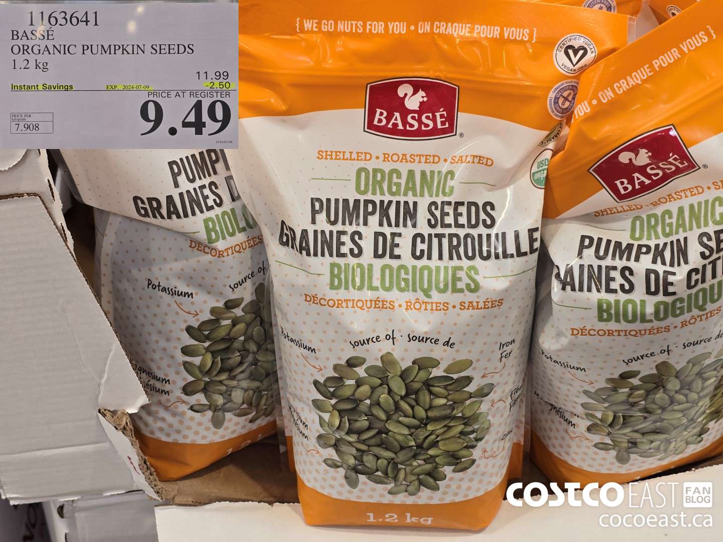 1163641 BASSE ORGANIC PUMPKIN SEEDS 1.2 KG ($2.50 INSTANT SAVINGS EXPIRES ON 2024-07-09) $9.49