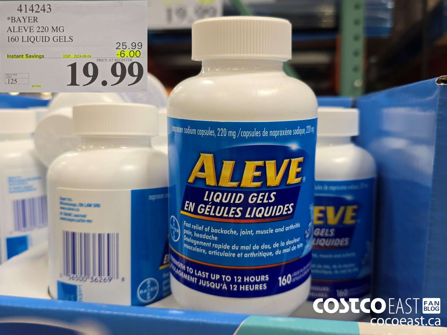 414243 BAYER ALEVE 220 MG 160 LIQUID GELS ($6.00 INSTANT SAVINGS EXPIRES ON 2024-08-04) $19.99