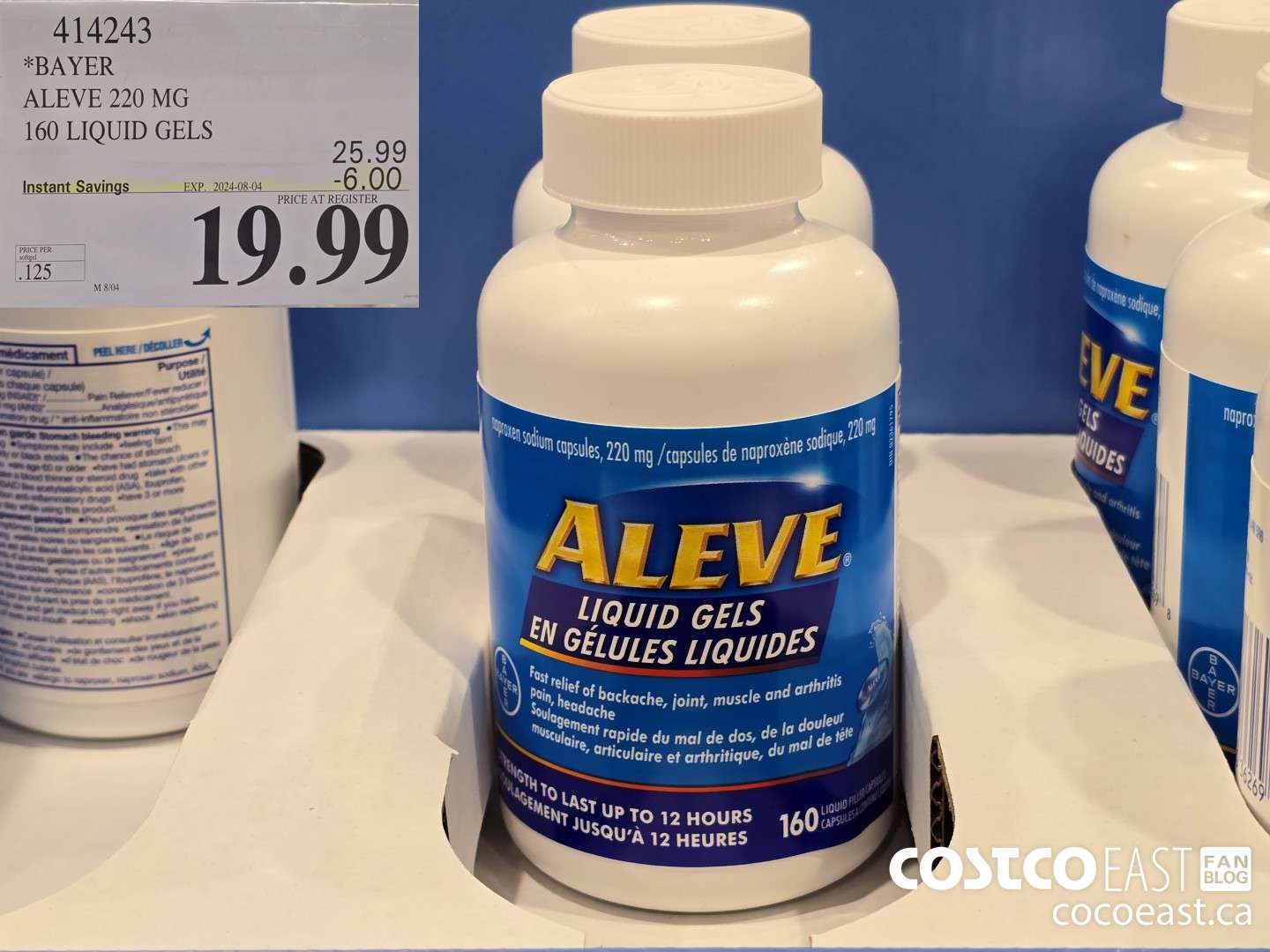 414243 BAYER ALEVE 220 MG 160 LIQUID GELS ($6.00 INSTANT SAVINGS EXPIRES ON 2024-08-04) $19.99