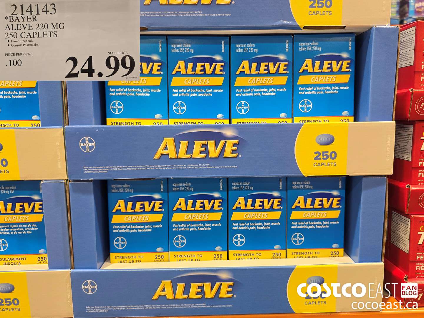 214143 BAYER ALEVE 220 MG 250 CAPLETS $24.99