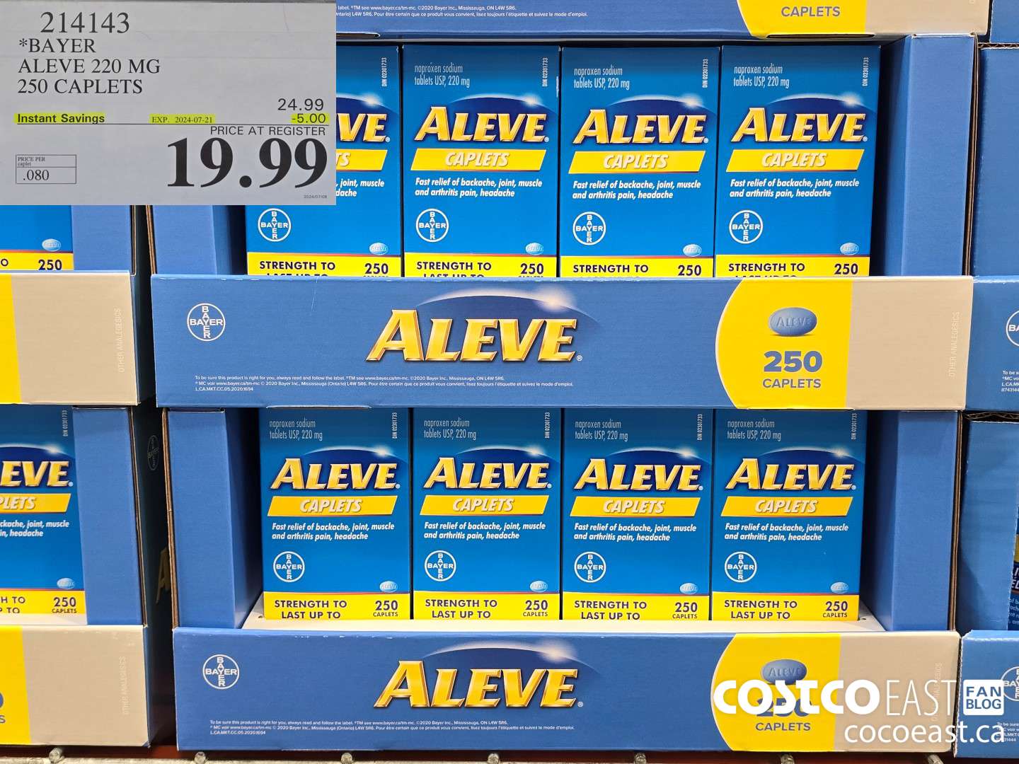 214143 BAYER ALEVE 220 MG 250 CAPLETS ($5.00 INSTANT SAVINGS EXPIRES ON 2024-07-21) $19.99