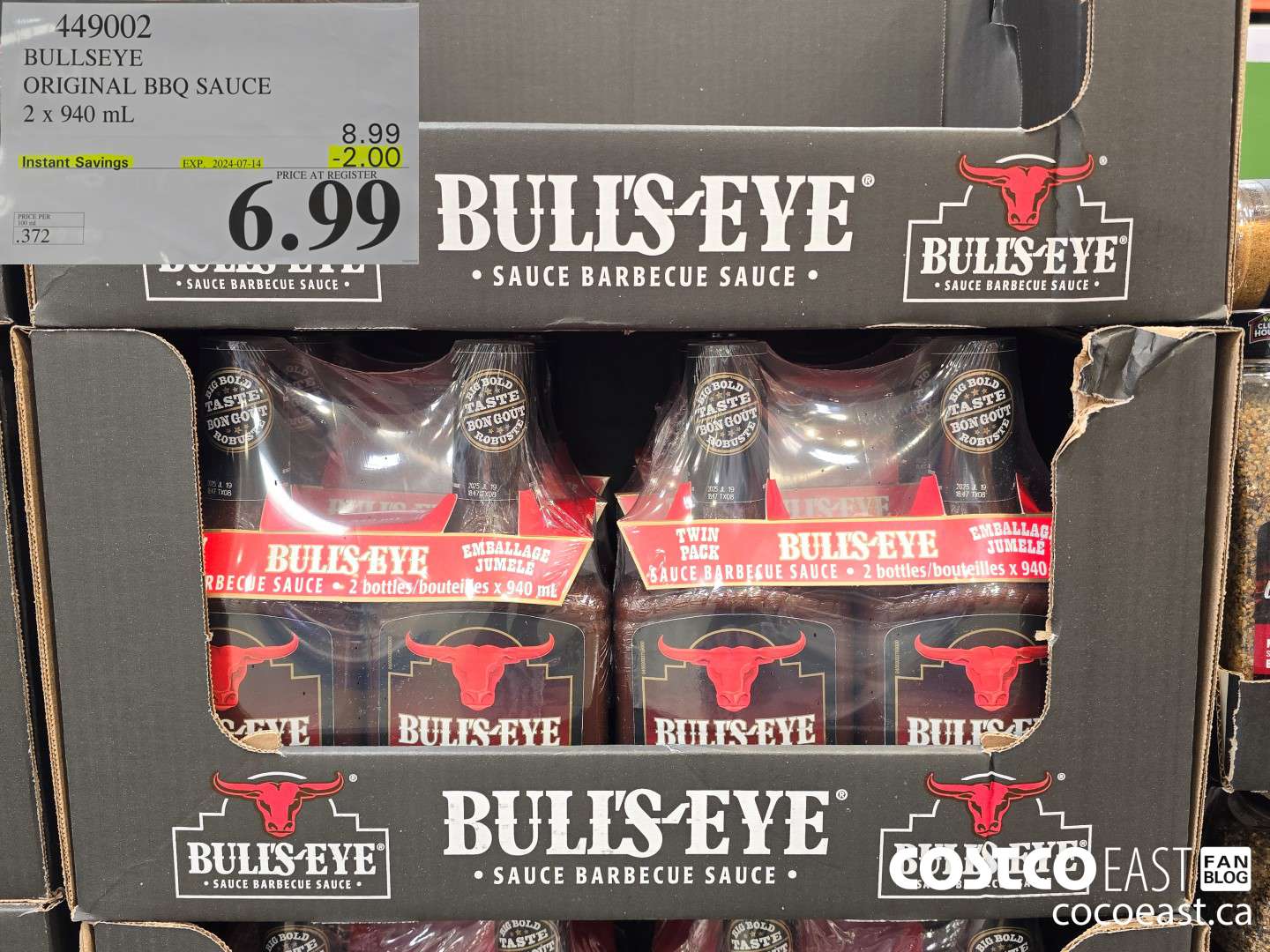 449002 BULLSEYE ORIGINAL BBQ SAUCE 2 X 940 ML ($2.00 INSTANT SAVINGS EXPIRES ON 2024-07-14) $6.99
