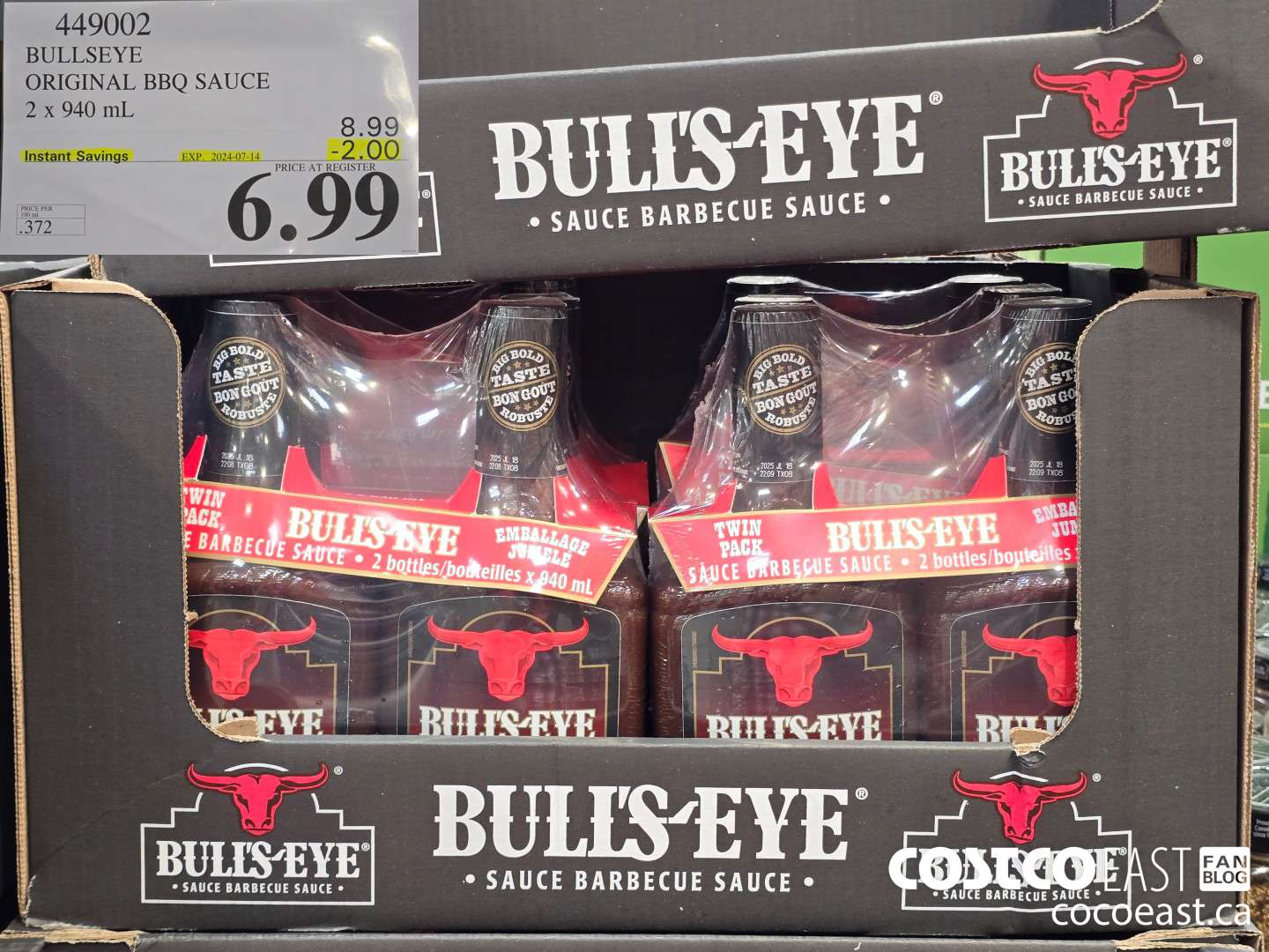 449002 BULLSEYE ORIGINAL BBQ SAUCE 2 X 940 ML ($2.00 INSTANT SAVINGS EXPIRES ON 2024-07-14) $6.99