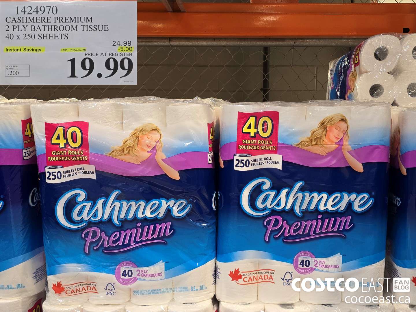 1424970 CASHMERE PREMIUM 2 PLY BATHROOM TISSUE 40 x 250 sheets ($5.00 INSTANT SAVINGS EXPIRES ON 2024-07-28) $19.99