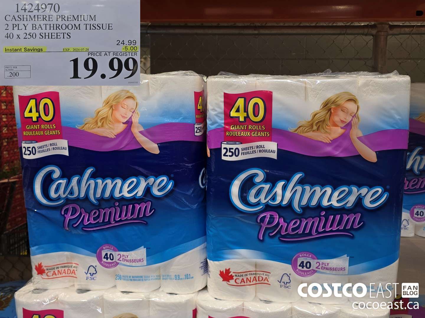 1424970 CASHMERE PREMIUM 2 PLY BATHROOM TISSUE 40 x 250 sheets ($5.00 INSTANT SAVINGS EXPIRES ON 2024-07-28) $19.99