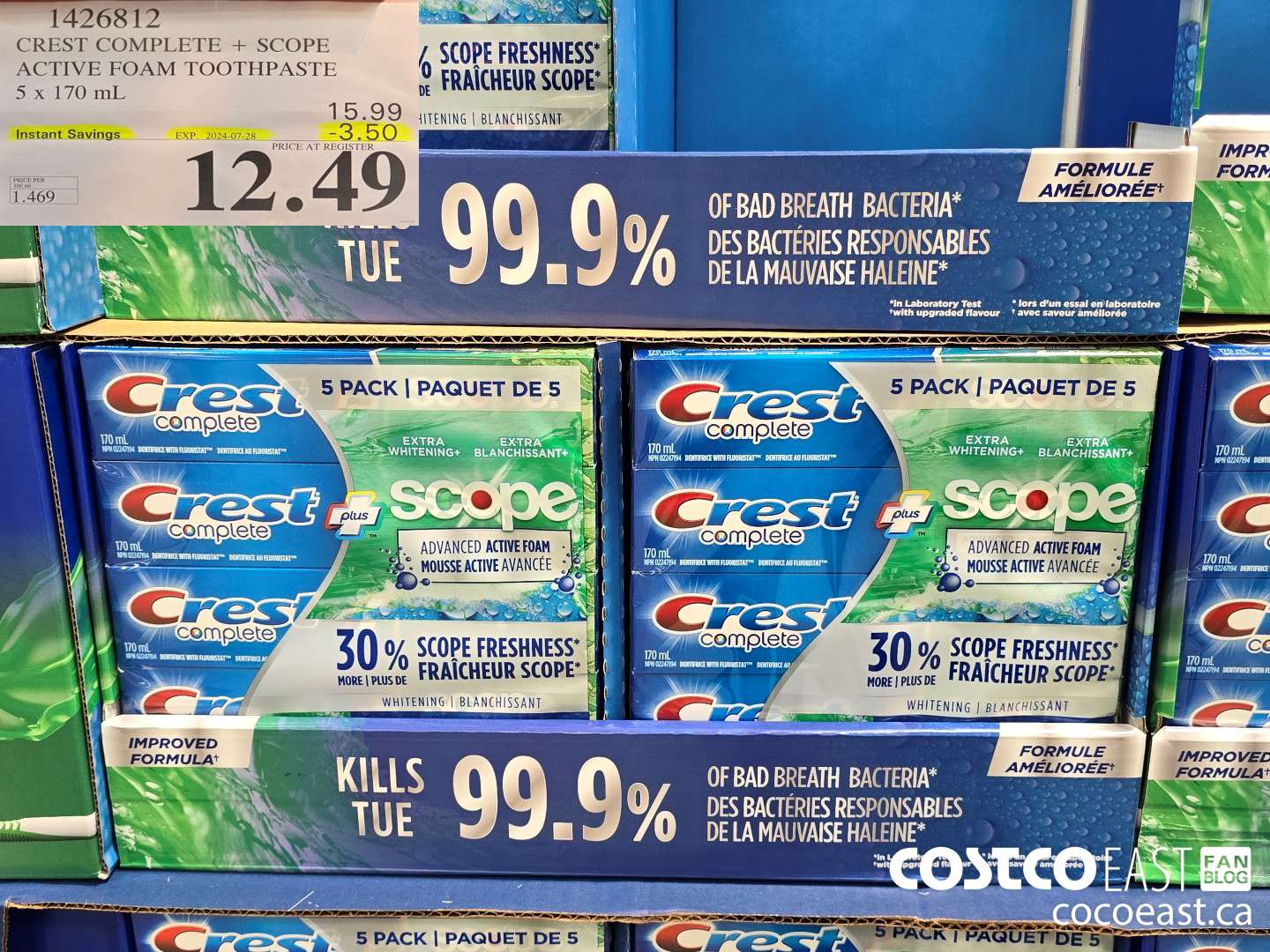 1426812 CREST COMPLETE + SCOPE ACTIVE FOAM TOOTHPASTE 5 X 170 ML ($3.50 INSTANT SAVINGS EXPIRES ON 2024-07-28) $12.49