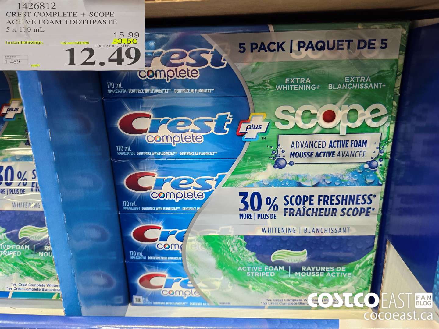 1426812 CREST COMPLETE + SCOPE ACTIVE FOAM TOOTHPASTE 5 X 170 ML ($3.50 INSTANT SAVINGS EXPIRES ON 2024-07-28) $12.49
