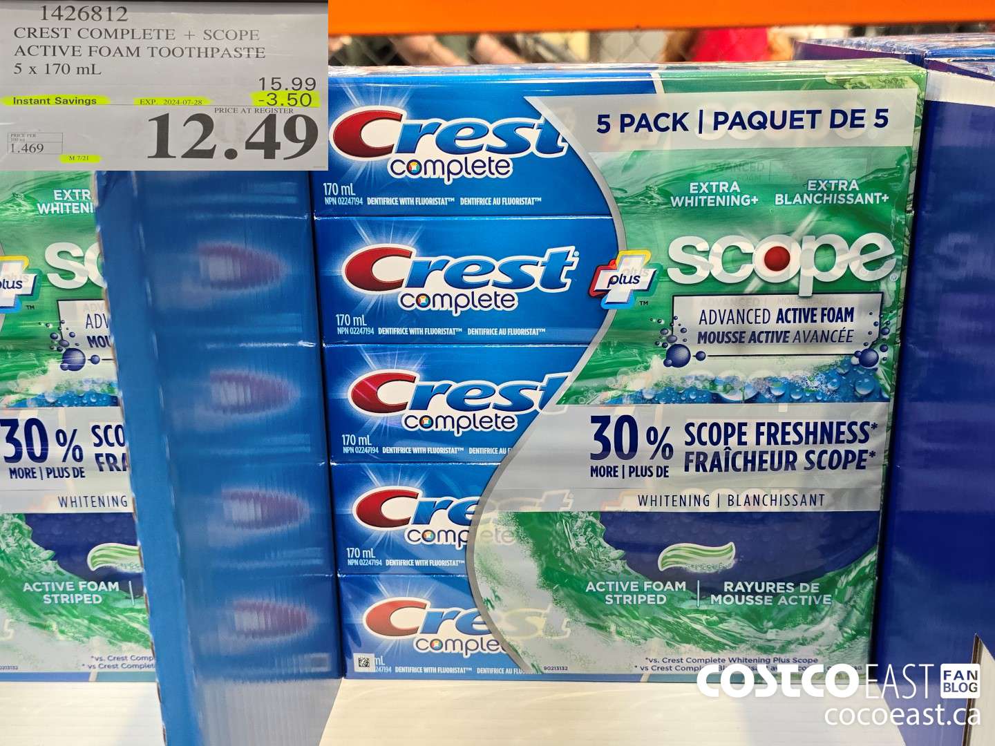 1426812 CREST COMPLETE + SCOPE ACTIVE FOAM TOOTHPASTE 5 X 170 ML ($3.50 INSTANT SAVINGS EXPIRES ON 2024-07-28) $12.49